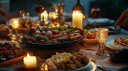 Festive Dinner Table with Diverse Dishes