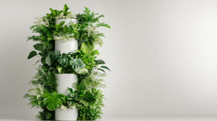 modern vertical garden featuring lush green plants in white planters, creating refreshing and vibrant atmosphere. Ideal for home or office decor