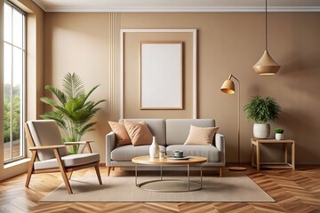 Fototapeta premium Beige Minimalist Interior with Panoramic Picture Frame Mockup and Furniture