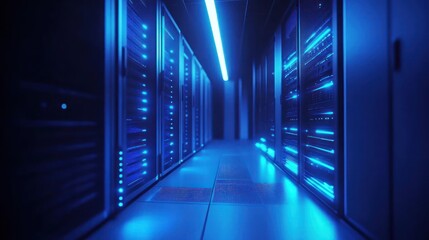 Fototapeta premium Server Room with Blue Neon Lights