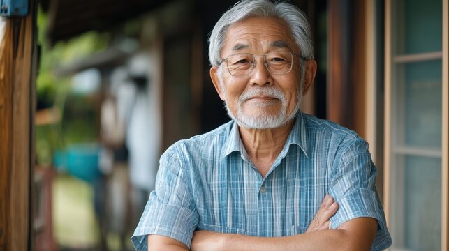 Elderly man with gray hair and beard, wearing glasses and a blue plaid shirt, standing confidently outdoors at a rustic wooden home with a peaceful background.