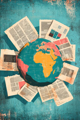 Fake News, Content Sharing. A globe surrounded by open books, symbolizing knowledge and global awareness, with a textured turquoise background.