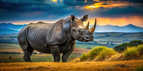Fototapeta premium Black Rhinoceros, Wildlife, Nature, Copy Space, Left Position, Powerful, Majestic
