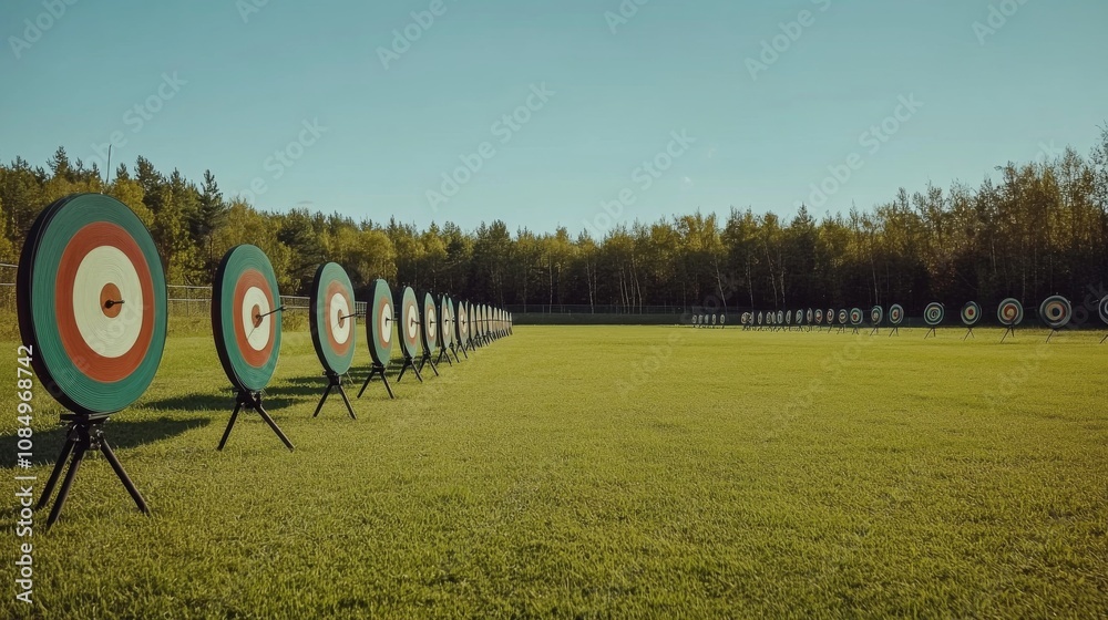 Poster A pristine archery range with bows and arrows neatly arranged at the shooting line, A clear, open field with targets at the far end