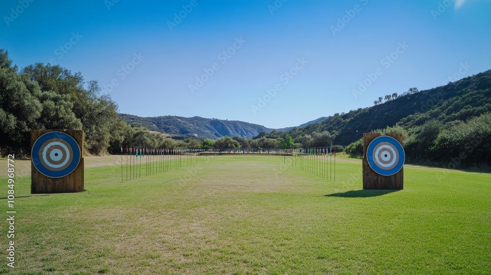 Poster A pristine archery range with bows and arrows neatly arranged at the shooting line, A clear, open field with targets at the far end