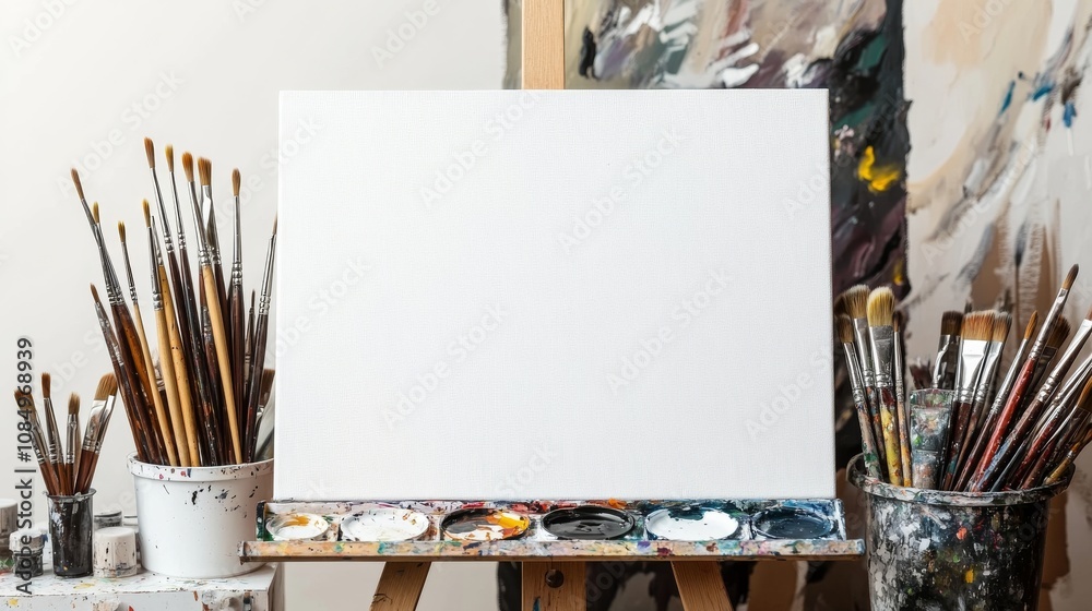 Poster A pristine art studio with paintbrushes and a palette neatly arranged beside a blank canvas, A well-lit room with clean walls and ample natural light, Minimalist artistic style