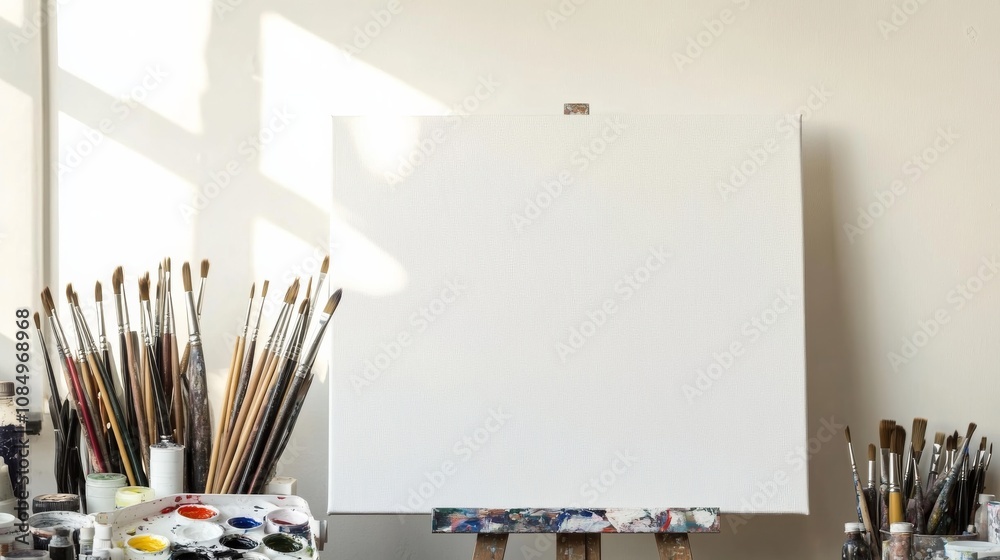 Poster a pristine art studio with paintbrushes and a palette neatly arranged beside a blank canvas, a well-