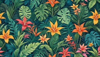 Tropical exotic pattern with animal and flowers in bright colors and lush vegetationn