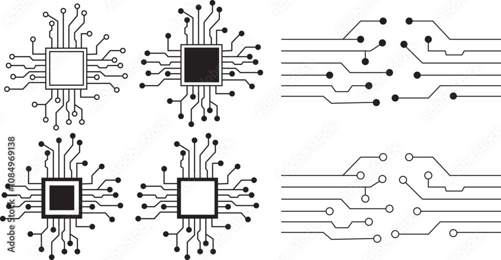 Wall mural abstract technology background circuit board pattern icons set isolated transparent. ai chip electro