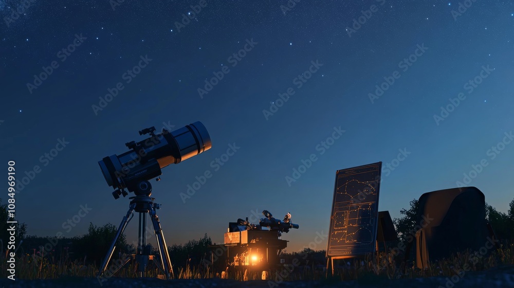 Poster A pristine astronomy setup on a clear night, Telescopes and star charts meticulously arranged, Celestial observation style