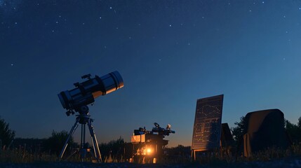 A pristine astronomy setup on a clear night, Telescopes and star charts meticulously arranged, Celestial observation style