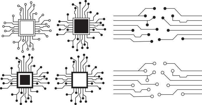 Abstract Technology Background circuit board pattern icons set isolated transparent. Ai chip electronics and connected dots. Data tech bg black flat and line motherboard vector Communication concept