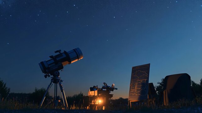 A pristine astronomy setup on a clear night, Telescopes and star charts meticulously arranged, Celestial observation style