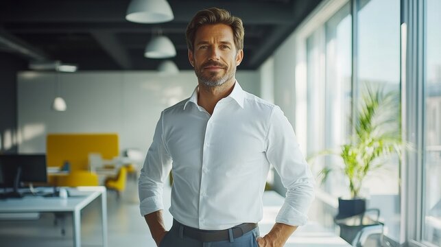 Inspiring Entrepreneur in Modern Office Celebrating National Entrepreneurs Day, Christmas, Thanksgiving