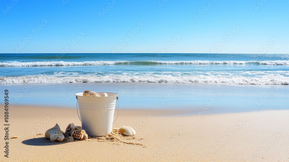 Poster a pristine beachcombing setup with a bucket and beach finds neatly placed on the sand, a sunny beach