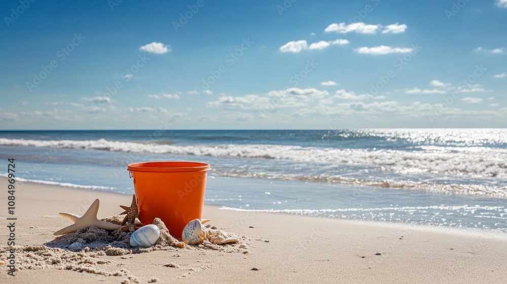 Aufkleber a pristine beachcombing setup with a bucket and beach finds neatly placed on the sand, a sunny beach