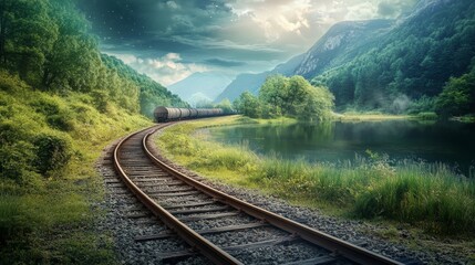 Fototapeta premium Winding Railway Track Through Scenic Mountain Landscape