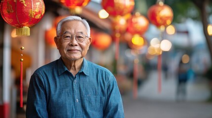 Fototapeta premium Portrait of a Smiling Elderly Man in Traditional Attire Under Festive Lanterns on a Vibrant Street, Capturing Cultural Heritage and Joyful Celebration