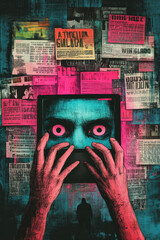 Fake News, Content Sharing. A surreal artwork depicting a figure with glowing eyes holding a tablet, surrounded by vibrant, chaotic news clippings and flyers.