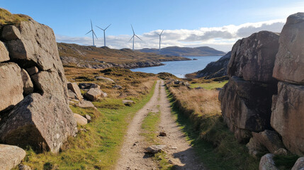 scenic pathway leads to tranquil coastal view, framed by rocky terrain and wind turbines in distance. landscape showcases natural beauty and renewable energy