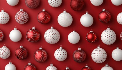 A festive arrangement of red and white Christmas ornaments displayed on a vibrant red background, creating a cheerful holiday atmosphere.