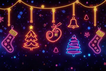 Vintage-inspired Christmas scene featuring neon lights in the form of Christmas symbols--trees, stockings, and bells--set against a deep, dark backdrop for a lively retro feel.