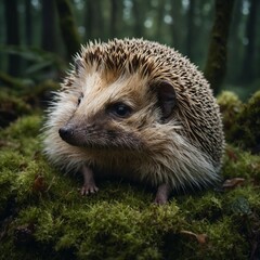 Fototapeta premium A hedgehog curled up on a bed of moss in an enchanted forest.