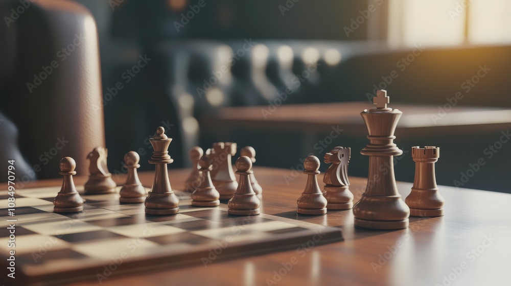 Poster A pristine chess setup with a neatly arranged chessboard and pieces ready for play, A quiet room with a clean table and comfortable chairs, Minimalist intellectual style