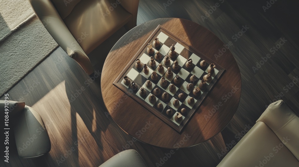 Poster A pristine chess setup with a neatly arranged chessboard and pieces ready for play, A quiet room with a clean table and comfortable chairs, Minimalist intellectual style