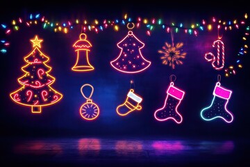 Vintage-inspired Christmas scene featuring neon lights in the form of Christmas symbols--trees, stockings, and bells--set against a deep, dark backdrop for a lively retro feel.
