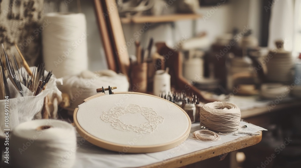 Poster a pristine embroidery workspace with needles and threads neatly arranged on a hoop, a cozy room with