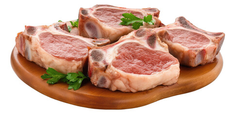 Fototapeta premium Raw Lamb Chops on Wooden Board on transparent background
