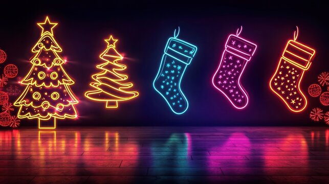 Vintage neon Christmas banner with bright neon lights in the shape of Christmas trees and stockings, set against a deep, dark background. - Powered by Adobe