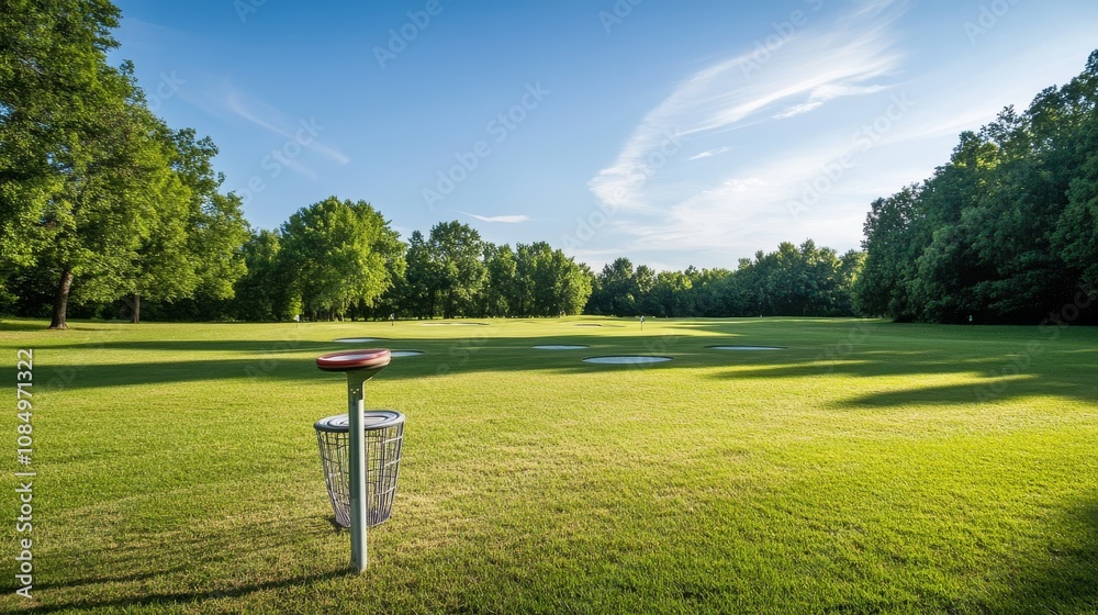 Poster a pristine frisbee golf course with discs neatly arranged near the starting tee, a bright, open fiel