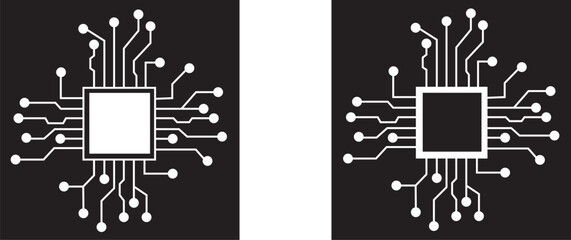 Abstract Technology Background circuit board pattern icons set isolated transparent. Ai chip electronics and connected dots. Data tech bg black flat and line motherboard vector Communication concept