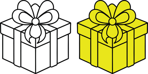 Two isometric gift box illustrations, one black outline, one yellow filled, both with a central bow. Simple, cartoonish style.