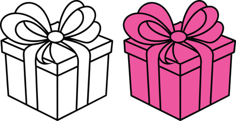 Two Gift Boxes Outline and Pink, Present, Ribbon, Bow, Celebration