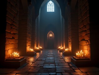 Spacious halls in the castle, gothic setting with candles, dark and creepy background