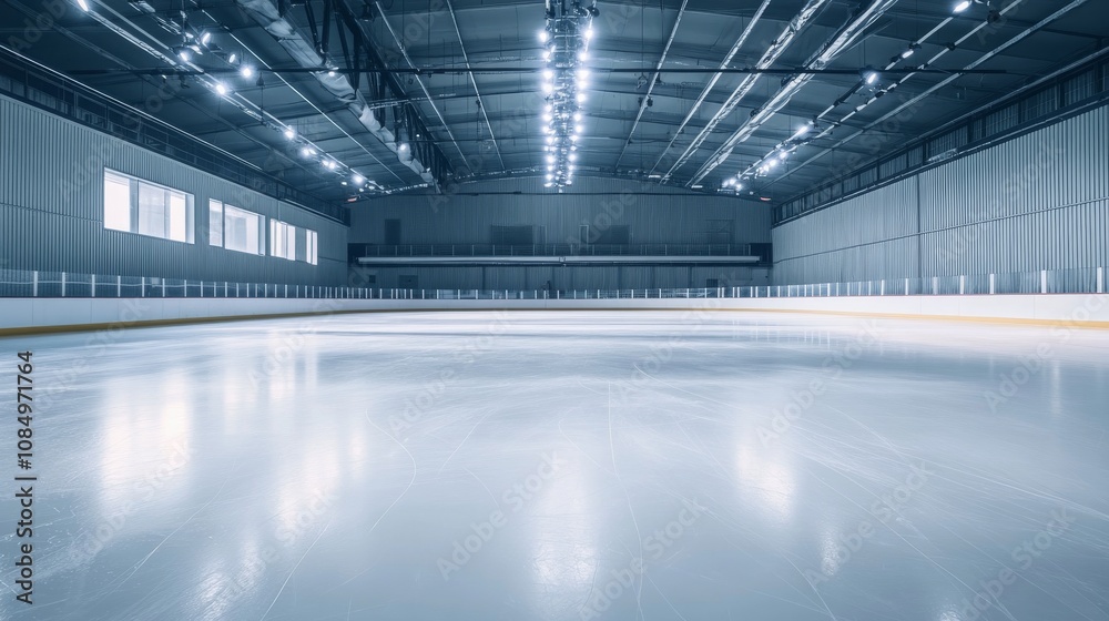 Poster a pristine ice skating rink with neatly arranged skates and safety gear, an open, well-lit arena wit