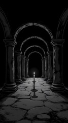 Spacious halls in the castle, gothic setting with candles, dark and creepy background