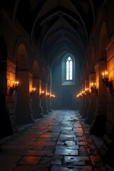 Obraz premium Spacious halls in the castle, gothic setting with candles, dark and creepy background
