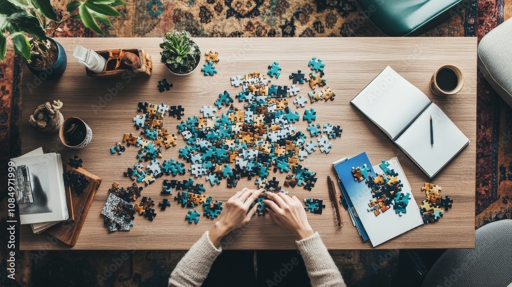 Poster A pristine jigsaw puzzle workspace with pieces and a completed section neatly arranged on a table, A cozy room with natural light and comfortable seating, Minimalist recreational style