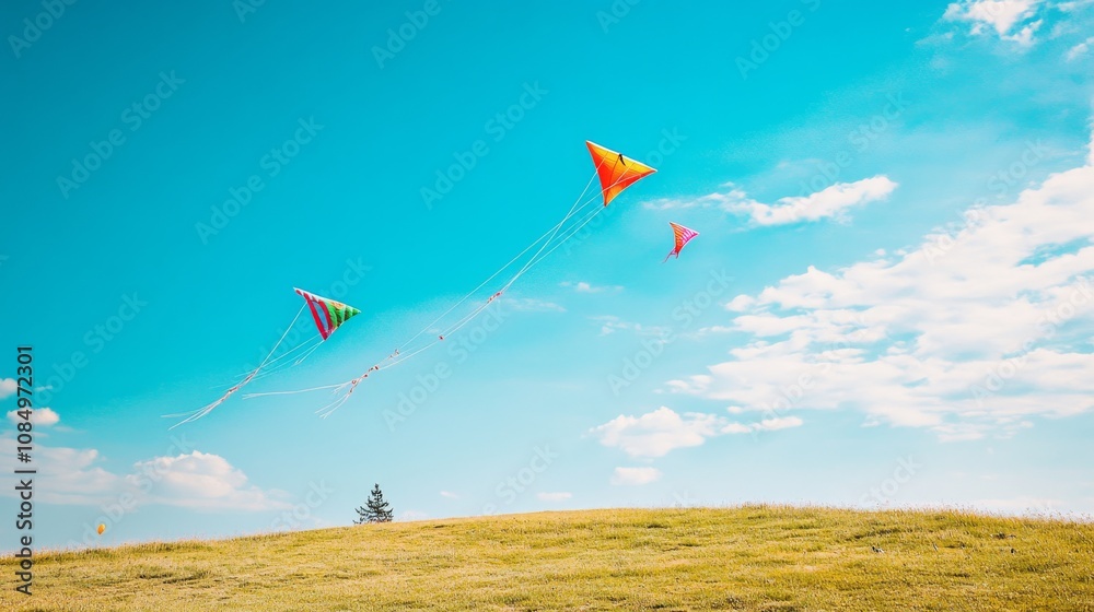 Poster A pristine kite flying setup with colorful kites and string neatly placed on a sunny hill, A breezy open field with a clear blue sky, Minimalist recreational style