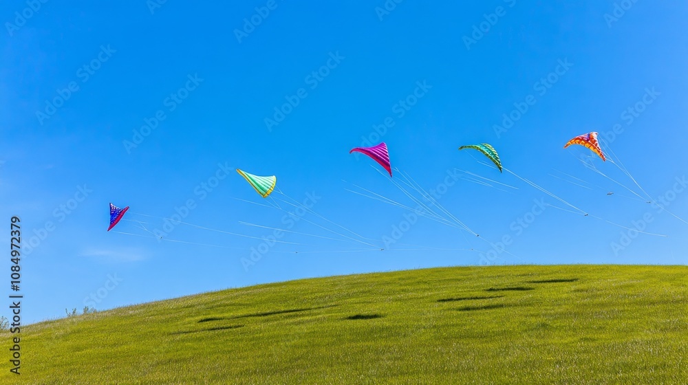 Poster a pristine kite flying setup with colorful kites and string neatly placed on a sunny hill, a breezy 