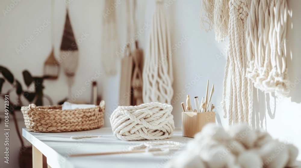 Poster A pristine macrame station with neatly arranged ropes and a clean work surface, A bright room with soft light and minimalist decor, Minimalist craft style