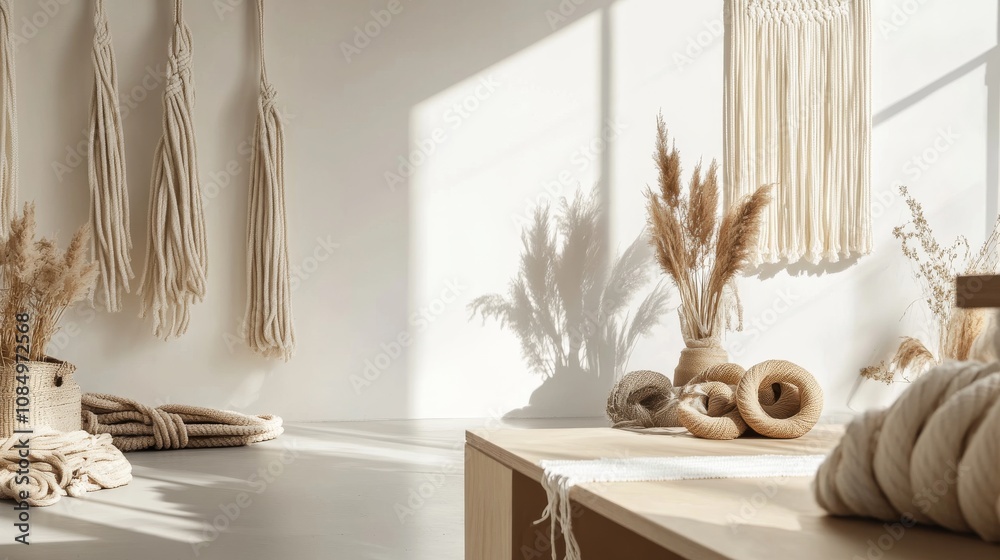 Poster A pristine macrame station with neatly arranged ropes and a clean work surface, A bright room with soft light and minimalist decor, Minimalist craft style