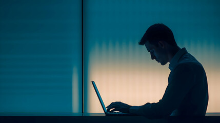 Silhouette of Focus: A solitary figure, bathed in the soft glow of a laptop screen, is engrossed in work, their silhouette a powerful symbol of dedication and late-night productivity.  