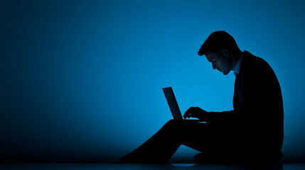 Blue Hour Focus: A silhouette of a businessman intensely focused on his laptop in the dim blue light, conveying a sense of late-night work or deep concentration. 