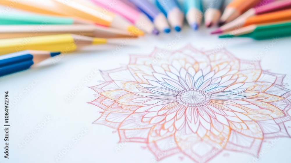 Poster a pristine mandala drawing setup with colored pencils and a blank mandala design neatly arranged, a 