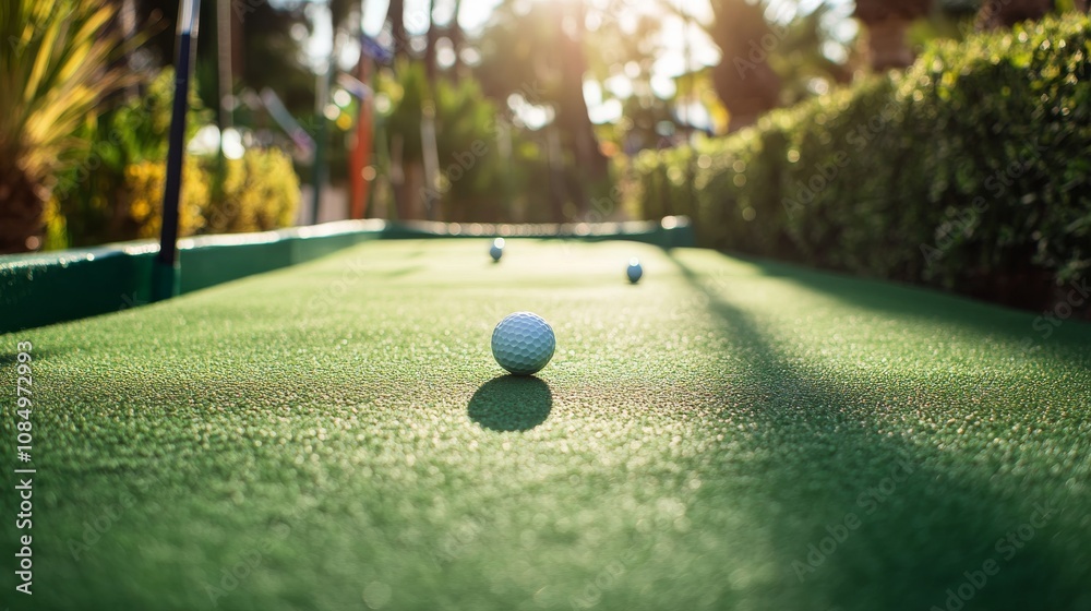 Poster a pristine miniature golf course with neatly positioned clubs and balls at the first hole, a vibrant